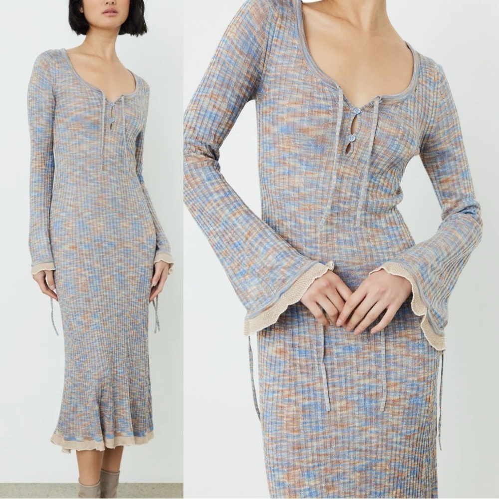 Acne Studios Kadley Grey Bow Front Ribbed Striped Sheer Knit Maxi Dress Small - Picture 1 of 10